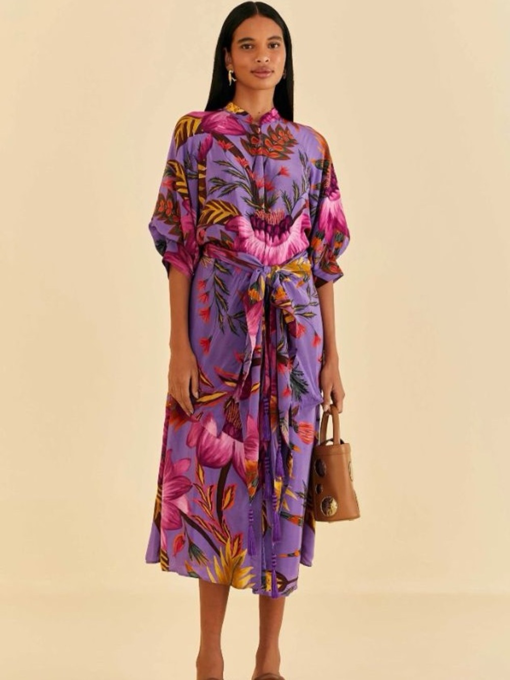 Farm Rio Women’s Bright Fun Floral Purple Midi Shirt Dress Large